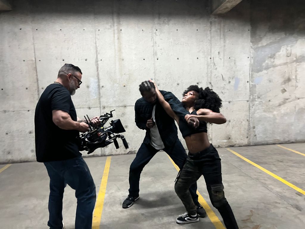 James Bamford shooting a fight sequence with Shaina West and Marcus Vincios Maciel