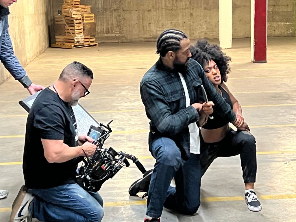 James Bamford shooting a fight sequence with Shaina West and Marcus Vincios Maciel